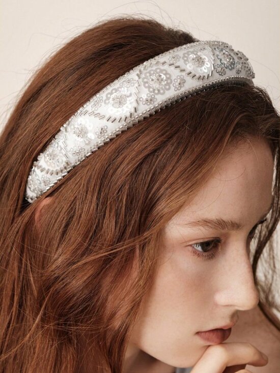 White Sequin Beaded Floral Headband main image 5